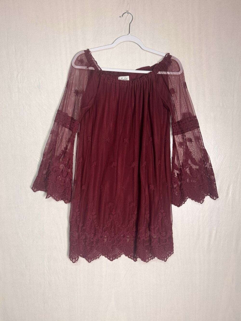 Roxberi Burgundy Lace Mesh Mini Dress Bell Sleeve Romantic Boho Whimsigoth Sz L